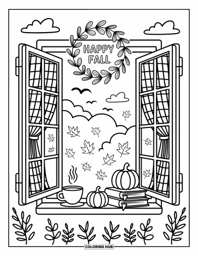 Coloriage bon automne pour adultes : Des livres et des citrouilles sont posés sur un rebord de fenêtre sous une jolie couronne ludique « Vive l’automne »