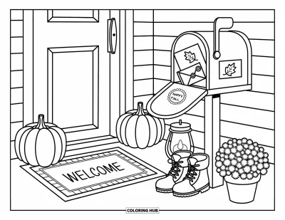 Coloriage bon automne pour adultes : Du courrier d'automne, des citrouilles et des bottes décorent un joli porche avec un bon paillasson de bienvenue