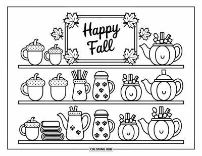 Coloriage bon automne pour adultes : Des tasses et des théières d'automne sont posées sur une étagère avec de la crème fouettée et de jolis motifs de feuilles