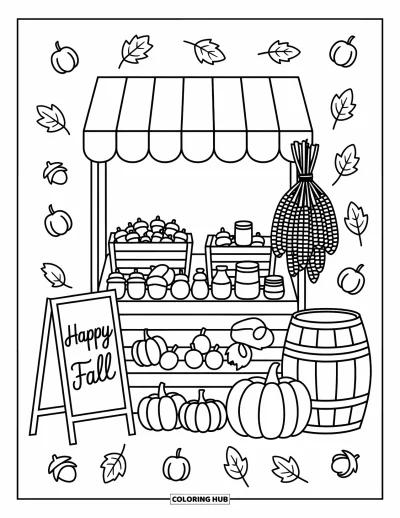 Coloriage bon automne pour adultes : Des spécialités d'automne remplissent un charmant étal avec des glands, des pots de confiture et un tableau « Vive l’automne »
