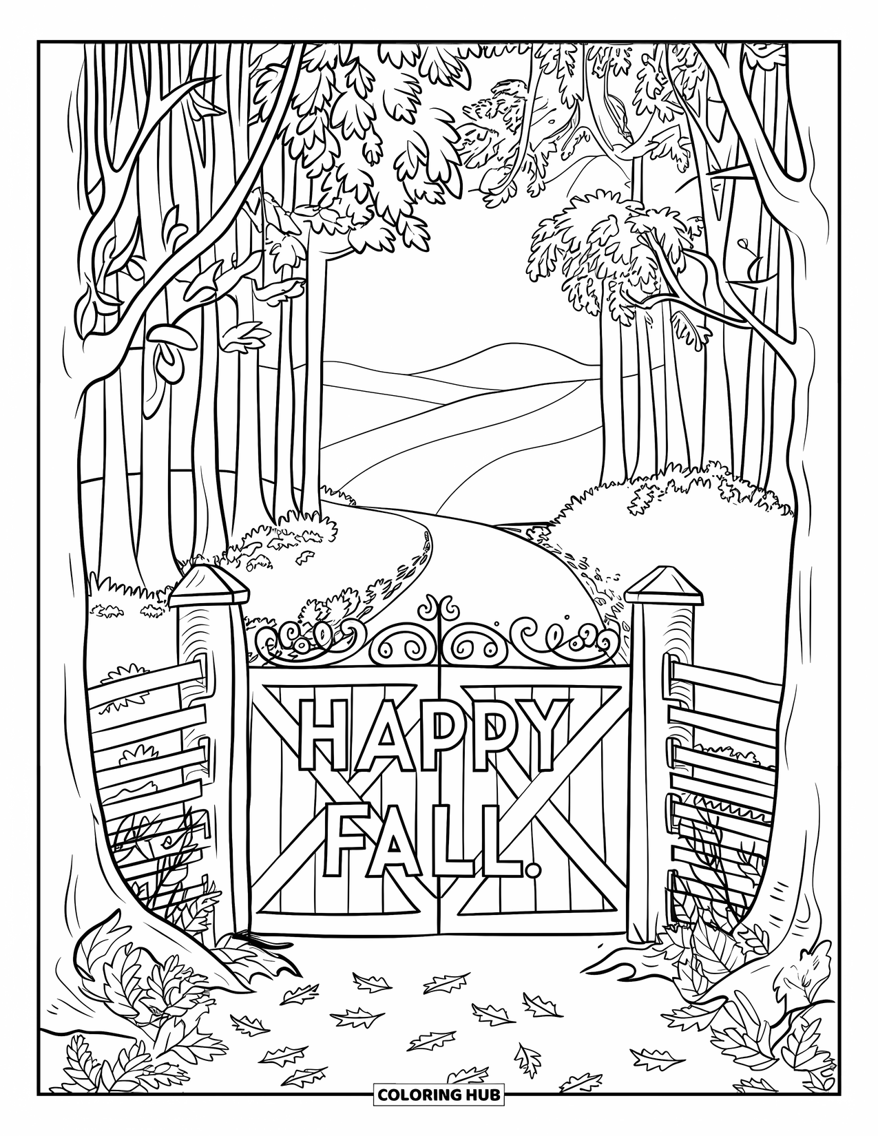 Happy Fall Coloring Page for Adults: Falling leaves line a quiet forest path under a "Happy Fall" gate