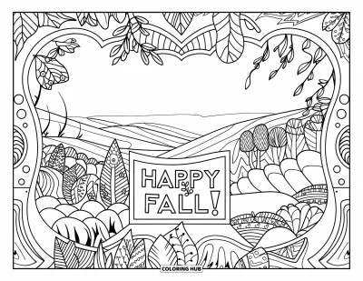 Coloriage bon automne pour adultes : Des feuilles et des arbres finement détaillés encadrent une vue lointaine des collines avec « Vive l’automne » au centre