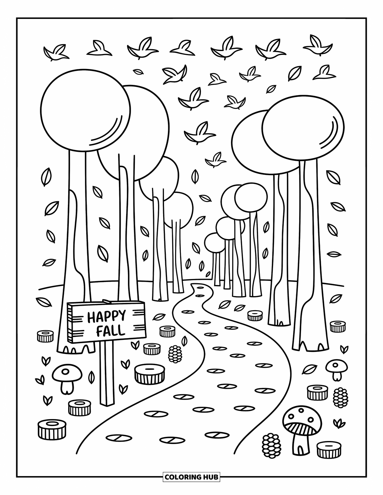 Happy Fall Coloring Page for Adults: Leaves fall gently along a forest trail marked with a wooden "Happy Fall" sign