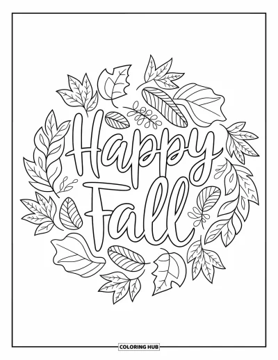Coloriage bon automne pour adultes : Des feuilles encadrent « Vive l’automne » dans un coloriage botanique détaillé et douillet