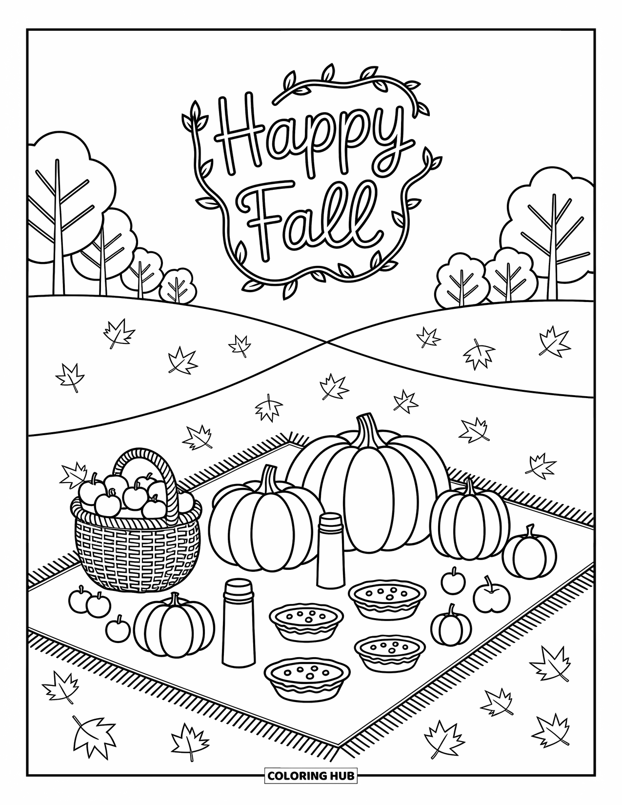 Happy Fall Coloring Page for Adults: Pumpkins and pie fill a picnic scene under a playful "Happy Fall" sign