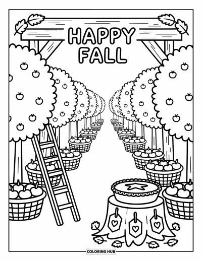 Coloriage bon automne pour adultes : Des rangées de pommiers avec des paniers, une échelle et une boîte à tarte vous accueillent avec « Vive l’automne »