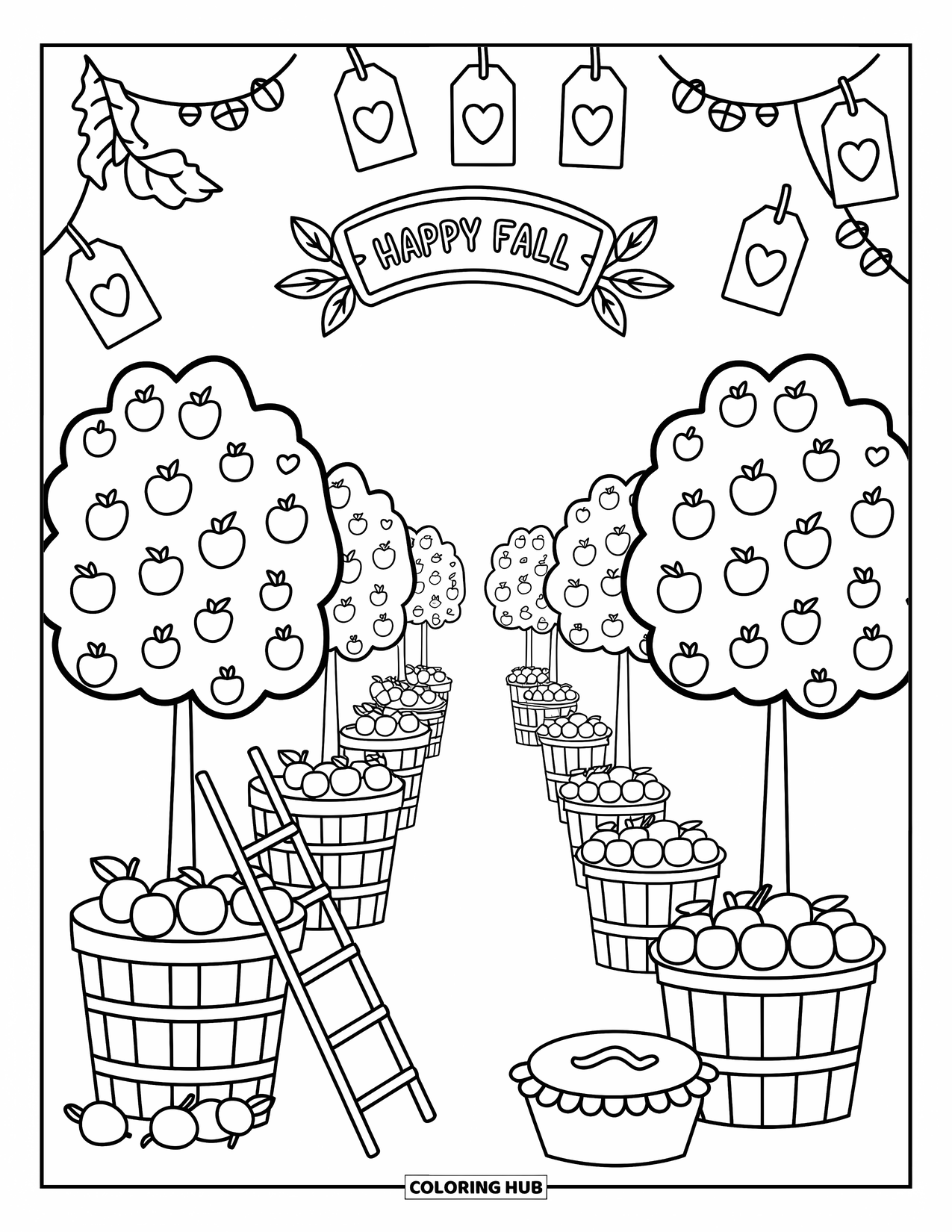 Happy Fall Coloring Page for Adults: Short apple trees and baskets line a cozy orchard with a leafy "Happy Fall" arch
