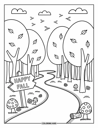 Coloriage bon automne pour adultes : De grands arbres bordent un sentier forestier parsemé de feuilles et d'un indicateur de chemin « Vive l’automne »