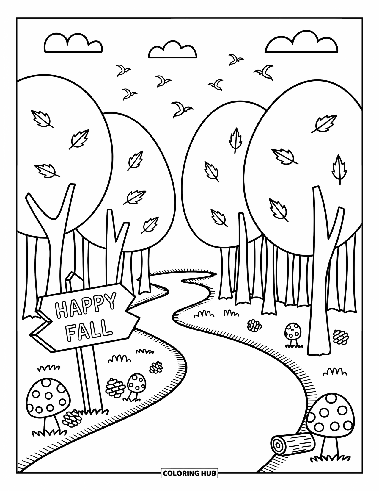 Happy Fall Coloring Page for Adults: Tall trees line a forest path scattered with leaves and a "Happy Fall" trail marker