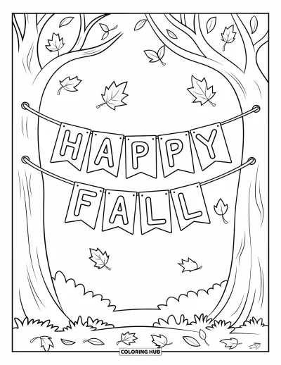 Coloriage bon automne pour enfants : Une banderole s'étend entre des arbres avec des feuilles tombées et une forêt en arrière-plan