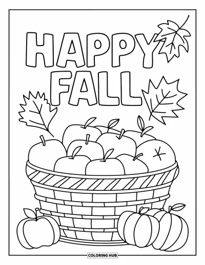 Coloriage bon automne pour enfants : Un panier de pommes est placé sous des feuilles tombantes et un bon panneau « Vive l’automne »