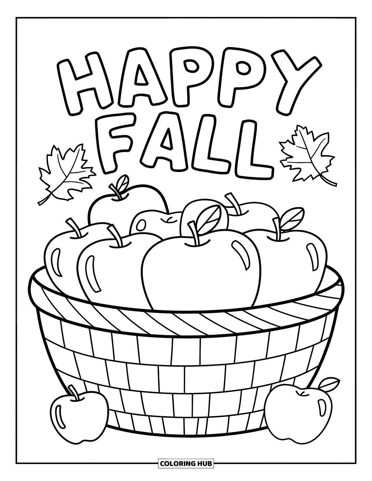 Happy Fall Coloring Page for Kids: A basket overflows with apples and falling leaves beside a "Happy Fall" greeting
