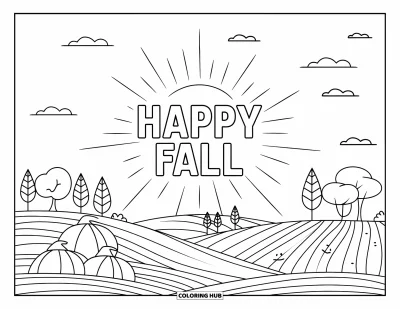 Coloriage bon automne pour enfants : Une joyeuse scène de ferme automnale avec des collines, des meules de foin et un message lumineux « Vive l’automne »