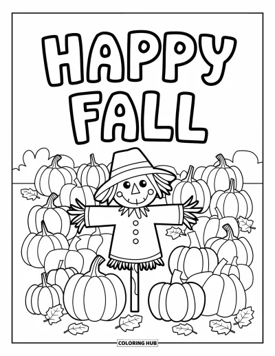 Coloriage bon automne pour enfants : Un bon épouvantail sourit dans un champ de citrouilles sous les lettres « Vive l’automne »