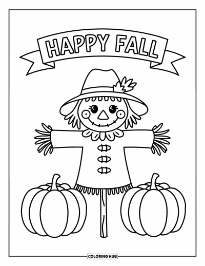 Coloriage bon automne pour enfants : Un bon épouvantail se tient entre deux citrouilles sous une grande banderole « Vive l’automne »