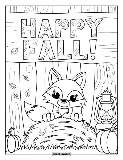 Coloriage bon automne pour enfants : Un renard se blottit dans le foin avec des citrouilles et un panneau en bois « Vive l’automne »
