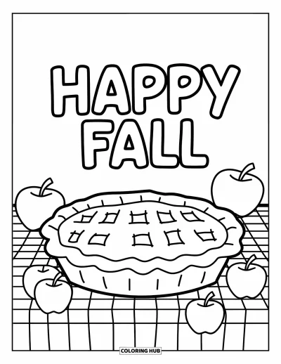Coloriage bon automne pour enfants : Une table douillette avec de la tarte et des pommes accueille la saison avec « Vive l’automne »