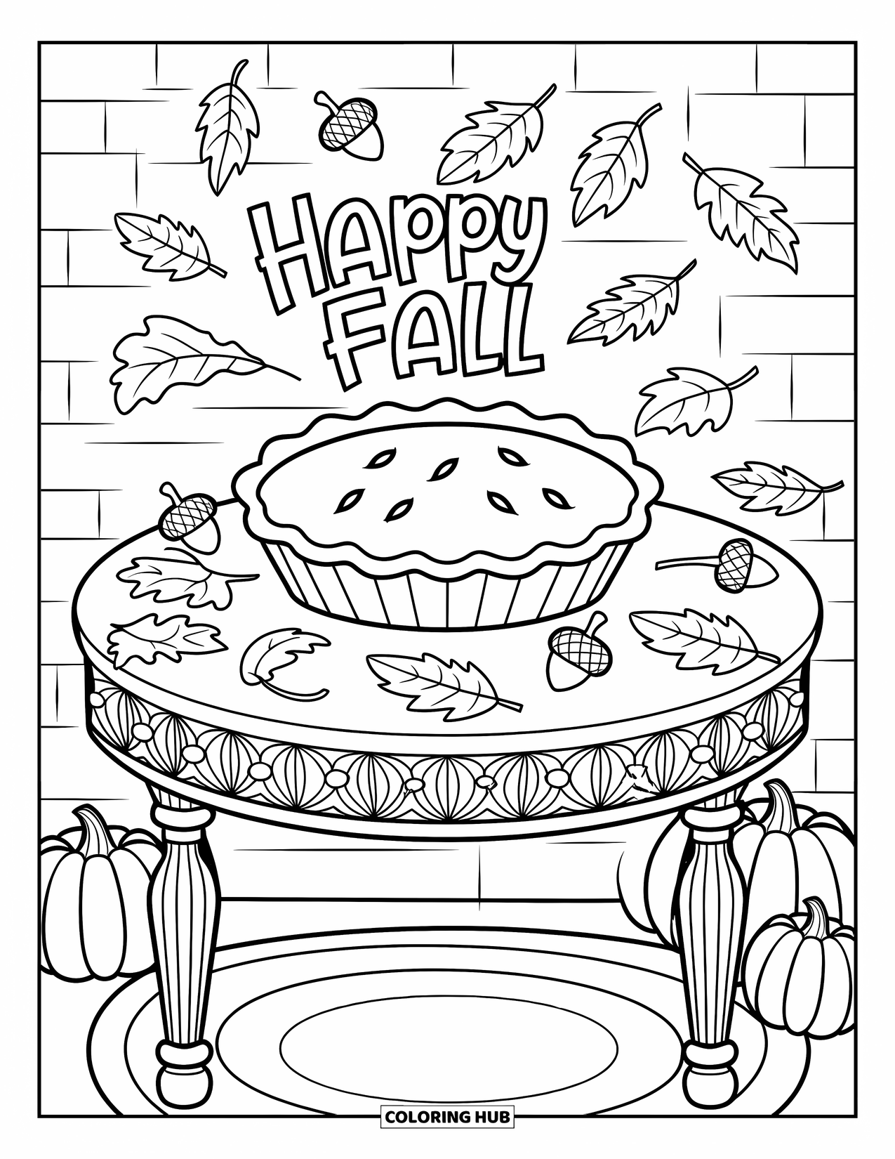 Happy Fall Coloring Page for Kids: A cozy table with pie, pumpkins, and leaves welcomes you with "Happy Fall"