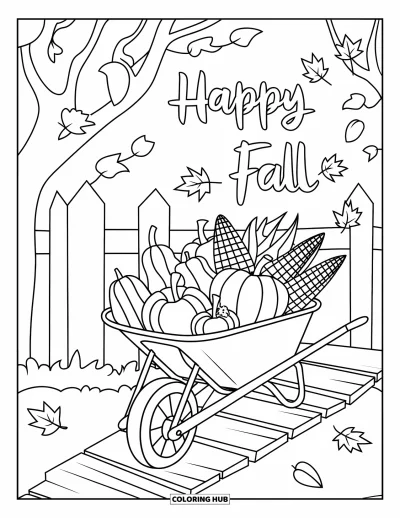 Coloriage bon automne pour enfants : Une brouette remplie de produits d'automne repose sous des arbres avec un message « Vive l’automne »