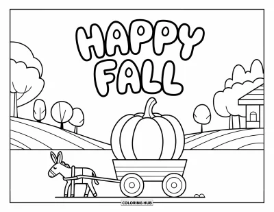 Coloriage bon automne pour enfants : Un âne tire une charrette avec une grande citrouille et une banderole « Vive l’automne »
