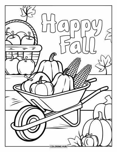 Coloriage bon automne pour enfants : Une brouette festive contient de délicieuses récoltes d'automne à côté d'un panier et d'un épouvantail