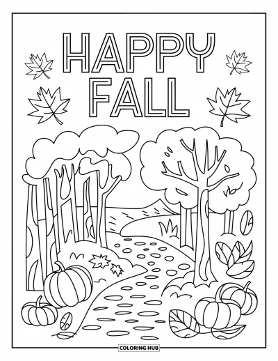 Coloriage bon automne pour enfants : Un sentier forestier serpente à travers des feuilles tourbillonnantes sous une grande banderole « Vive l’automne »
