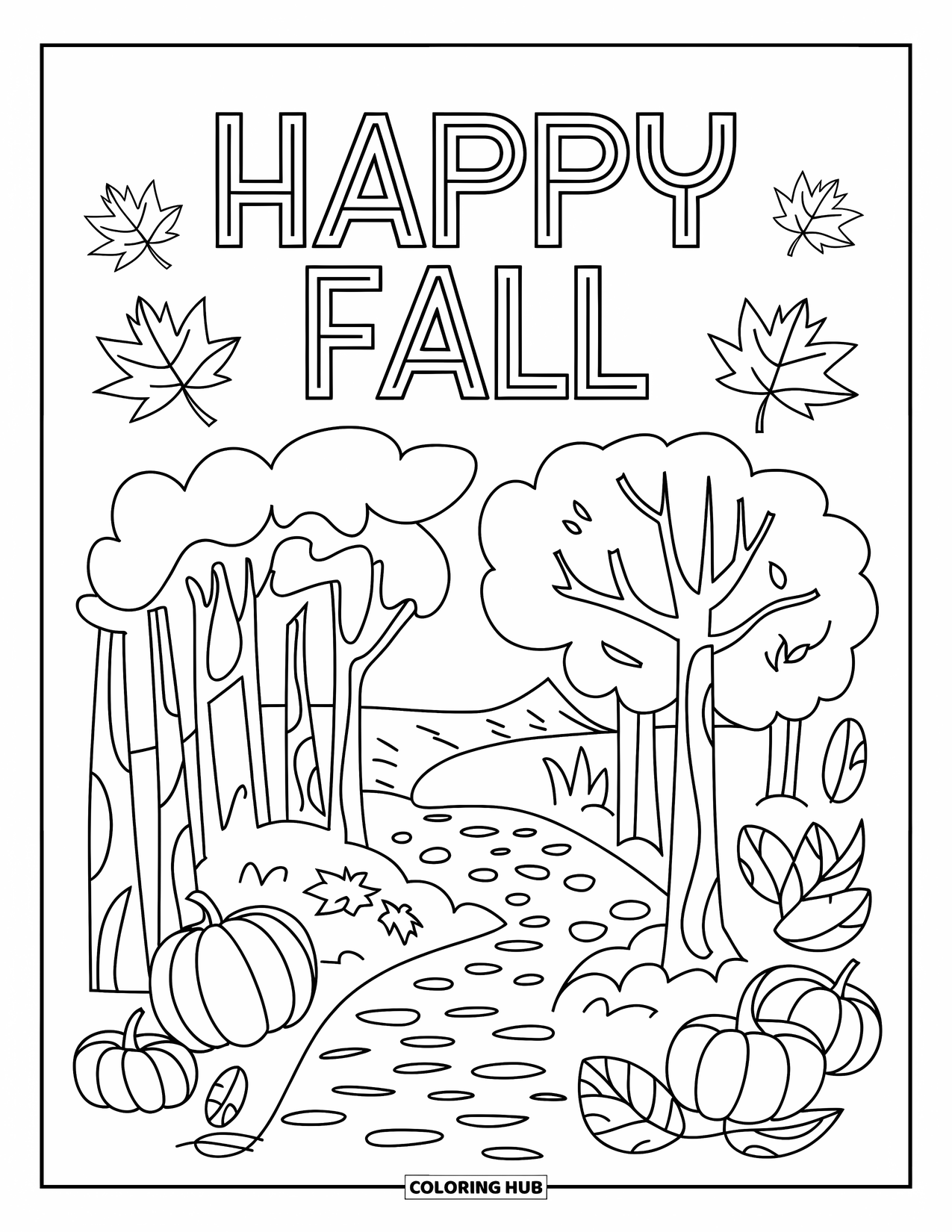 Happy Fall Coloring Page for Kids: A forest path winds through swirling leaves beneath a bold "Happy Fall" banner