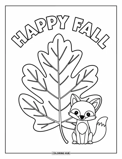Coloriage bon automne pour enfants : Un renard se love près d'une grande feuille de chêne et d'un bon panneau « Vive l’automne »
