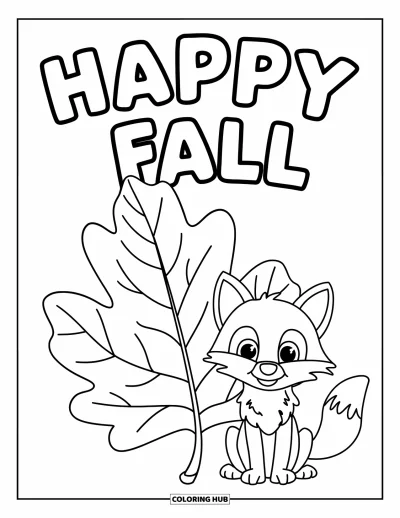 Coloriage bon automne pour enfants : Un renard sympathique se détend sous une grande feuille de chêne et des lettres « Vive l’automne »
