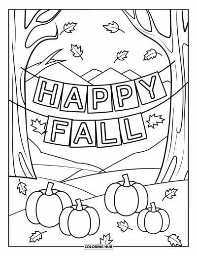 Coloriage bon automne pour enfants : Une banderole « Vive l’automne » est suspendue entre des arbres avec des citrouilles et une vue apaisante sur la montagne