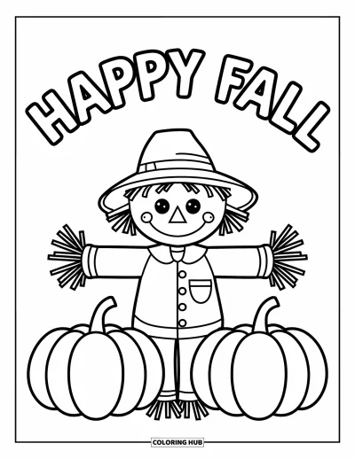 Coloriage bon automne pour enfants : Un bon épouvantail vous accueille depuis entre des citrouilles sous un message « Vive l’automne »