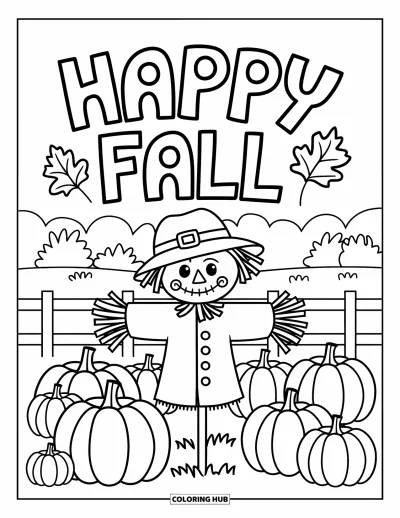 Coloriage bon automne pour enfants : Un bon épouvantail se tient parmi des citrouilles avec « Vive l’automne » au-dessus