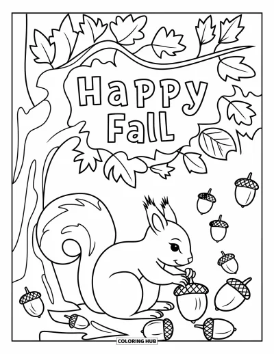 Coloriage bon automne pour enfants : Un bon écureuil ramasse des glands sous des arbres d'automne avec « Vive l’automne » à proximité
