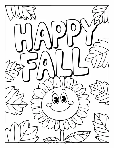 Coloriage bon automne pour enfants : Un tournesol heureux sourit sous des feuilles bien marquées et un message « Vive l’automne »