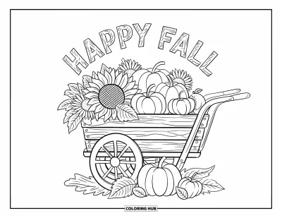 Coloriage bon automne pour enfants : Une charrette de récolte avec des fruits d'automne et des fleurs est placée sous un panneau « Vive l’automne »