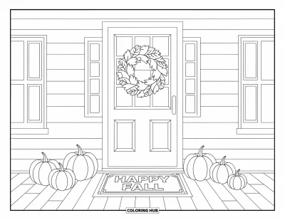 Coloriage bon automne pour enfants : Le porche d'une maison présente des citrouilles, une couronne et un accueillant paillasson « Vive l’automne »