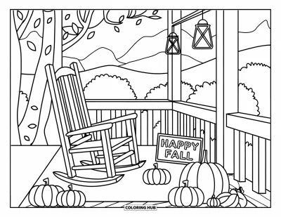 Coloriage bon automne pour enfants : Un porche paisible avec un panneau « Vive l’automne », des citrouilles et une douce vue automnale
