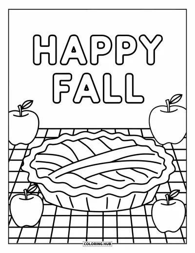 Coloriage bon automne pour enfants : Une tarte et des pommes reposent sur une table à carreaux sous un panneau « Vive l’automne »