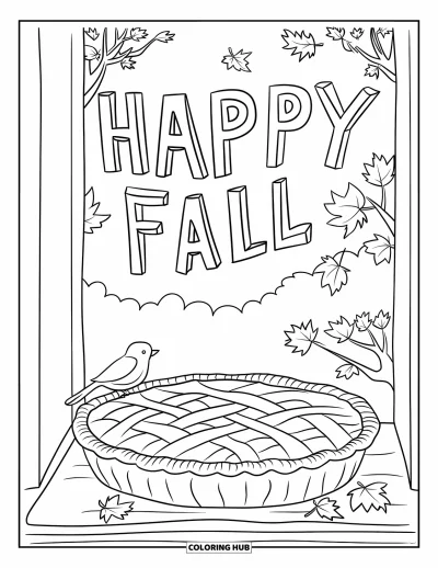 Coloriage bon automne pour enfants : Une tarte refroidit sur un rebord de fenêtre tandis que « Vive l’automne » flotte dans la brise