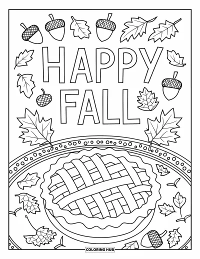 Coloriage bon automne pour enfants : Une tarte est posée sur une table festive avec des glands, des feuilles et « Vive l’automne » au-dessus