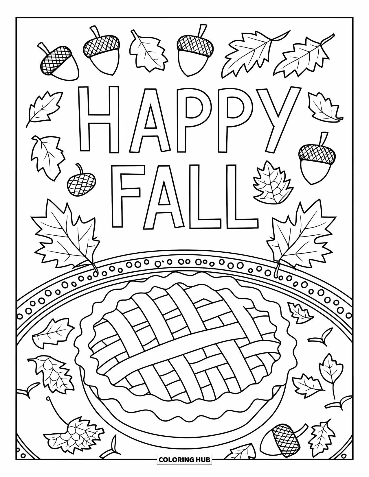Happy Fall Coloring Page for Kids: A pie sits on a festive table with acorns, leaves, and "Happy Fall" above