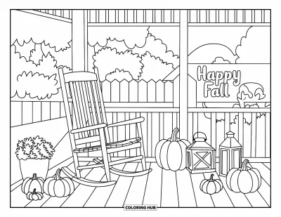 Coloriage bon automne pour enfants : Un porche avec des citrouilles, un rocking-chair et un chaleureux accueil automnal