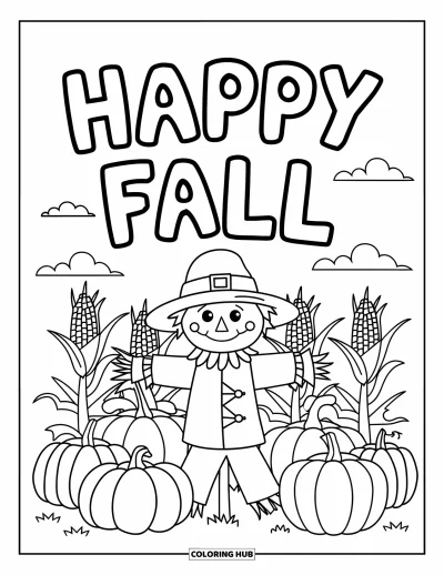 Coloriage bon automne pour enfants : Un épouvantail dans un champ de citrouilles se tient fièrement sous un ciel dégagé et une banderole « Vive l’automne »