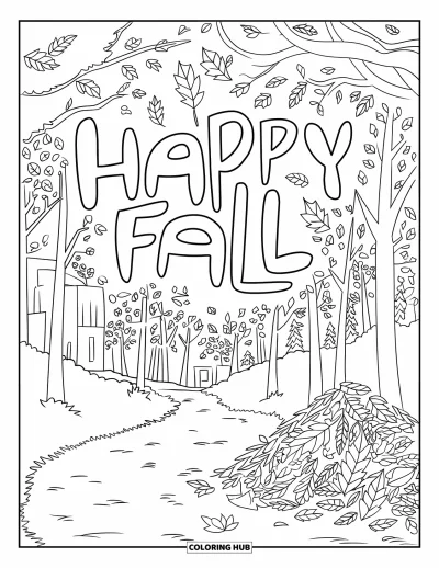 Coloriage bon automne pour enfants : Un paisible sentier forestier automnal est parsemé de feuilles et d'un message « Vive l’automne »
