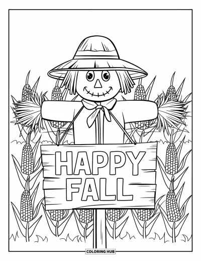 Coloriage bon automne pour enfants : Un épouvantail avec un chapeau de paille se tient dans un champ de maïs en tenant un panneau « Vive l’automne »