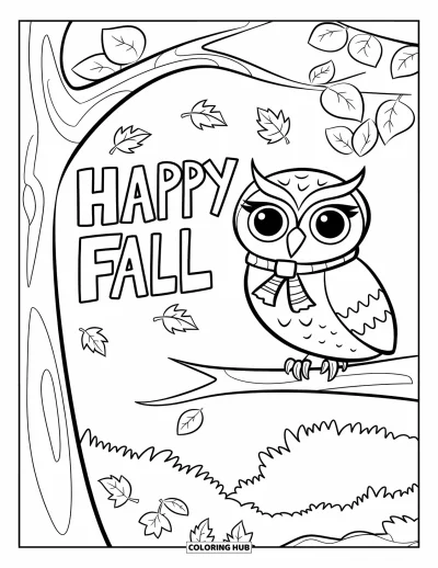 Coloriage bon automne pour enfants : Un hibou portant une écharpe veille sur des feuilles tombées sous un panneau « Vive l’automne »