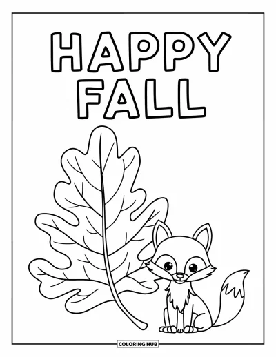 Coloriage bon automne pour enfants : Un petit renard est assis à côté d'une grande feuille de chêne avec « Vive l’automne » au-dessus