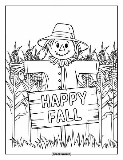 Coloriage bon automne pour enfants : Un épouvantail souriant dans un champ tient un bon panneau « Vive l’automne »