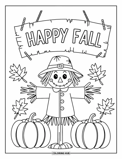 Coloriage bon automne pour enfants : Un épouvantail souriant se tient fièrement avec des citrouilles et un panneau « Vive l’automne » au-dessus