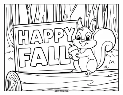 Coloriage bon automne pour enfants : Un écureuil souriant tient un gland à côté d'un grand panneau « Vive l’automne »
